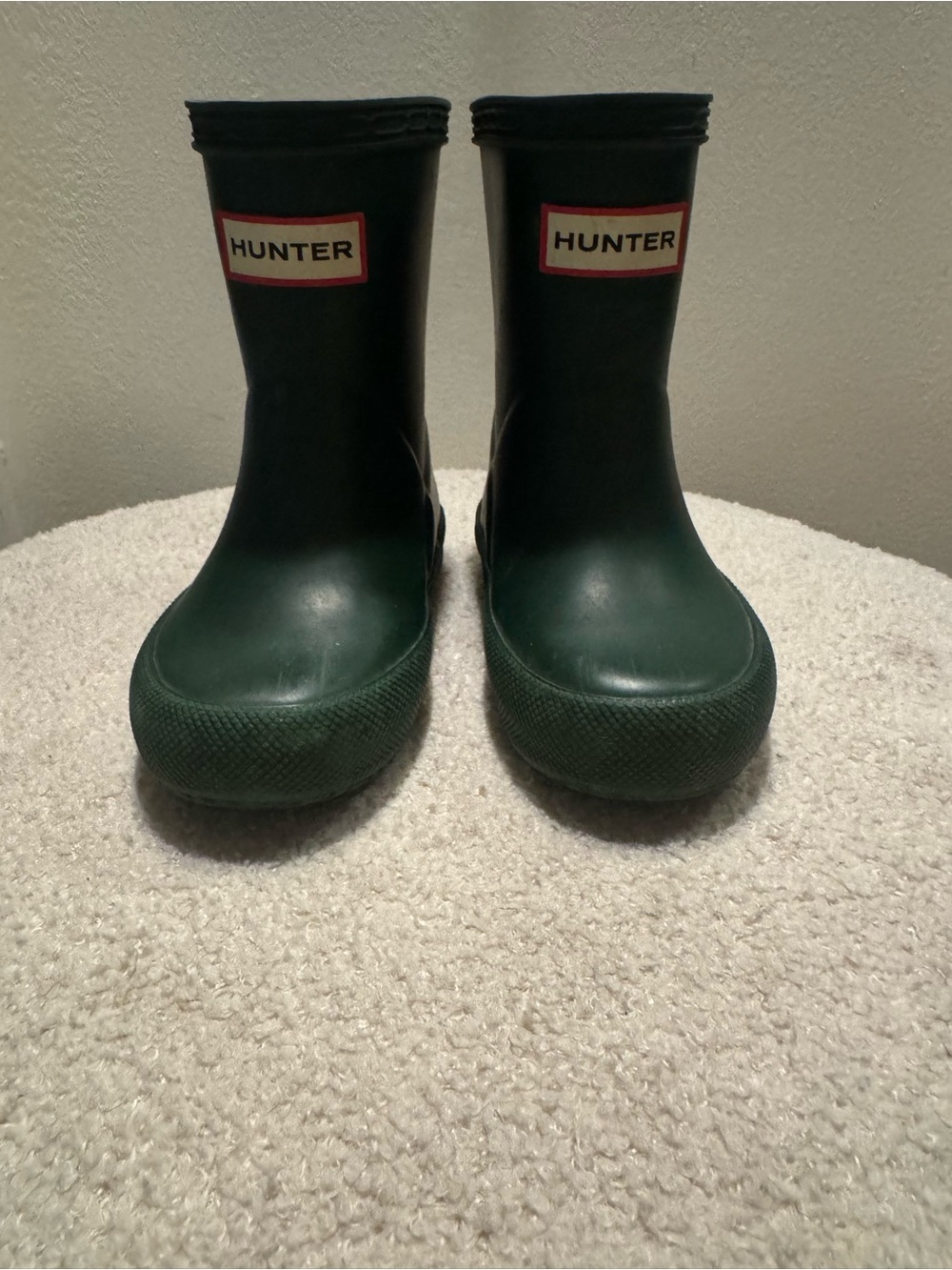 Hunter Kids Dark Green Rubber Rain Boots with Red Logo Trim